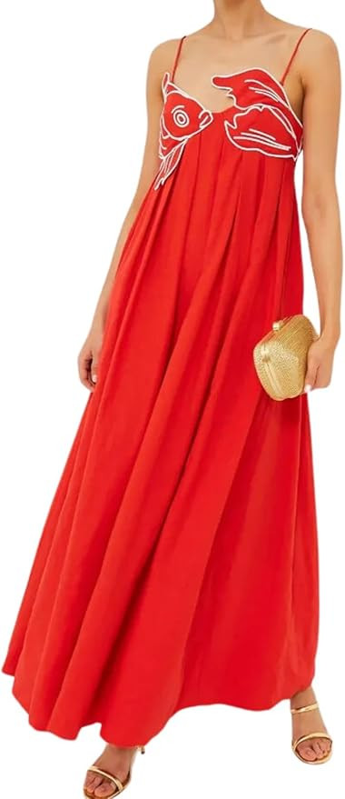 Womens Koi Fish Sleeveless Long Strap Dress High Waist 3D Fish Maxi Cami Dress | Amazon (US)