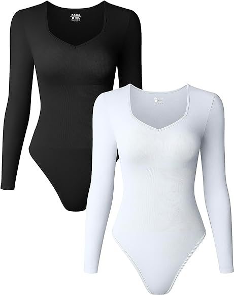 OQQ Women's 2 Piece Bodysuits Sexy Ribbed One Piece Long Sleeve Sweetheart V Neck Tops Bodysuits | Amazon (US)