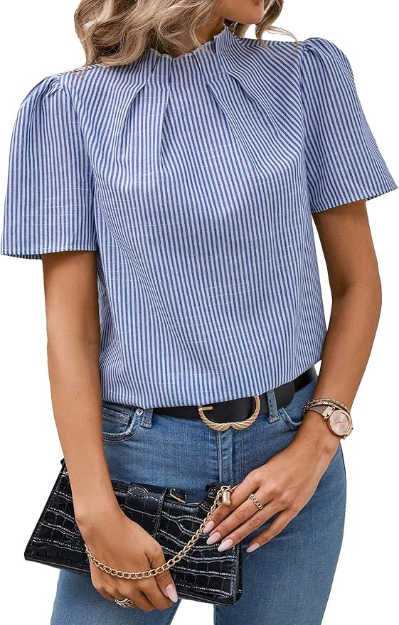 MakeMeChic Women's Elegant Short Sleeve Puff Sleeve Mock Neck Solid Blouse Shirt Top | Amazon (US)