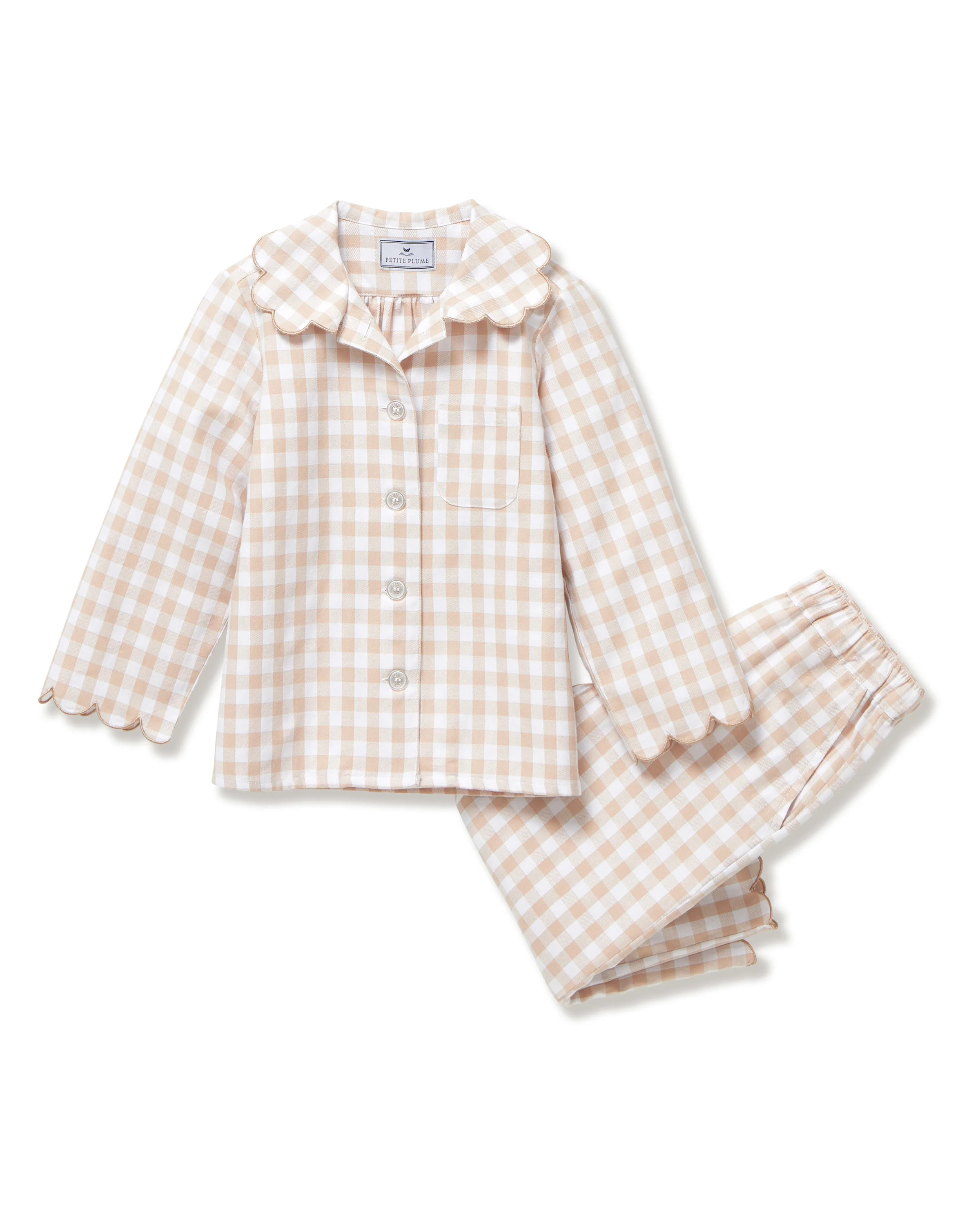 Kid's Twill Colette Pajama Set in Camel Gingham | Petite Plume