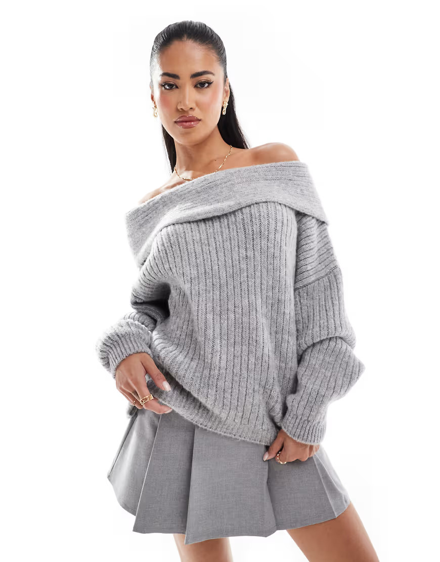 ASOS DESIGN oversized knitted off shoulder sweater in gray | ASOS (Global)