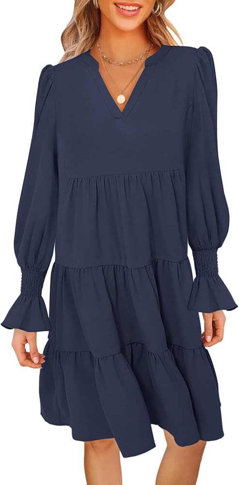 MEROKEETY Women's 2025 Long Sleeve Midi Dress V Neck Flowy Swing Ruffle Tiered Fall Casual Dresse... | Amazon (US)