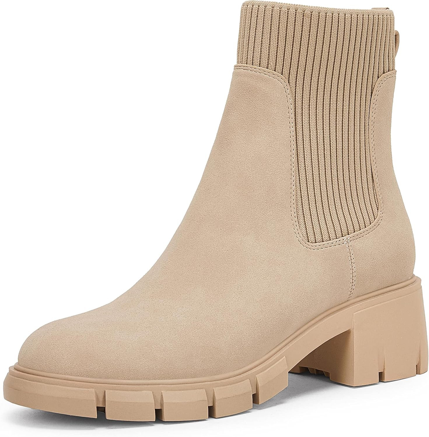 Womens Platform Lug Sole Chelsea Ankle Boots Slip On Chunky Block Heel Elastic Combat Booties | Amazon (US)