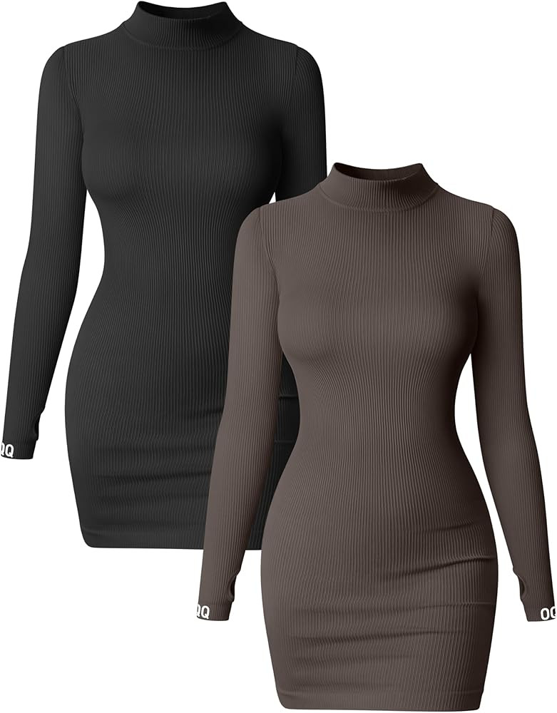 OQQ Women 2 Piece Dress Sexy Ribbed Mock Neck Long Sleeve Tummy Control Mini Dresses | Amazon (US)