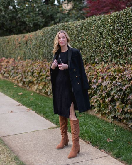 Another look at this $69 coat. True to size, lined, 60% wool. Boots are true to size. Ribbed sweater dress is lightweight (perfect for indoor heat) and comes in more colors! 

#LTKunder100 #LTKHoliday