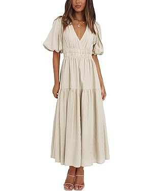 Women's Summer V Neck Short Puff Sleeve A Line Tiered Midi Dress | Amazon (US)