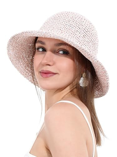 Womens Straw Sun Hat Wide Brim Hand Woven Foldable Beach Bucket Hat for Summer Travel UV Protection UPF 50+(One Size,Beige & Pink) | Amazon (US)