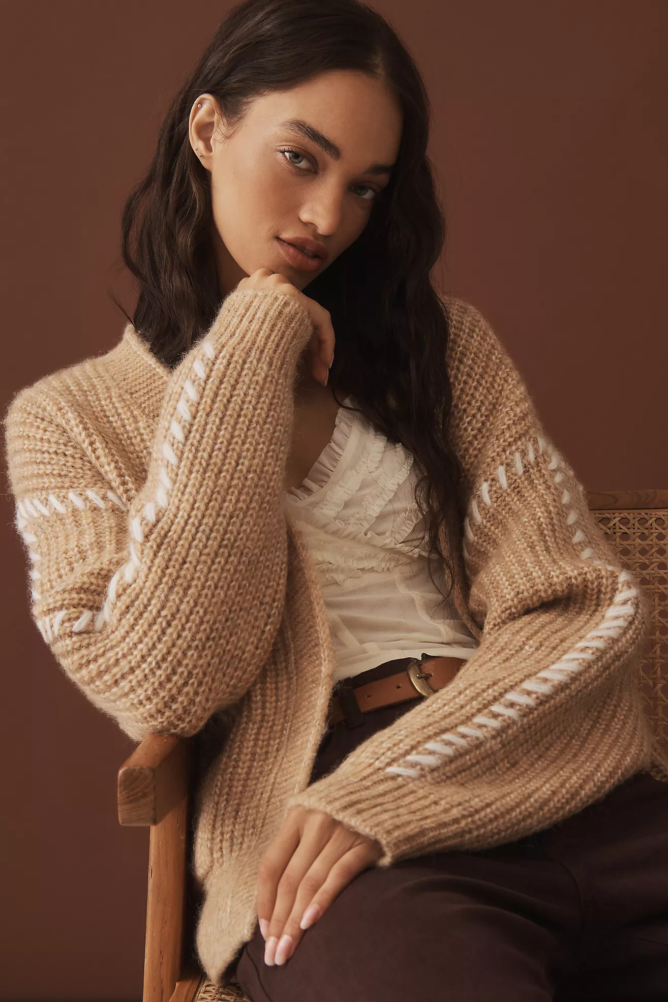 Flat White Stitched Cardigan Sweater | Anthropologie (US)
