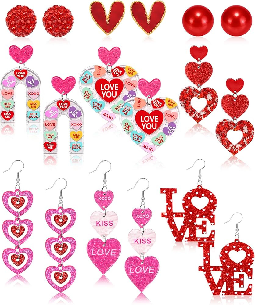 9 Pairs Valentines Day Earrings for Women, Love Heart Dangle Acrylic Earrings Valentine's Accesso... | Amazon (US)