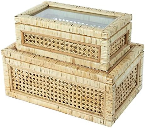 LUSYDECO Set of 2 Large Rectangular Rattan Decorative Boxes with Glass Lids Medium Cane and Ratta... | Amazon (US)