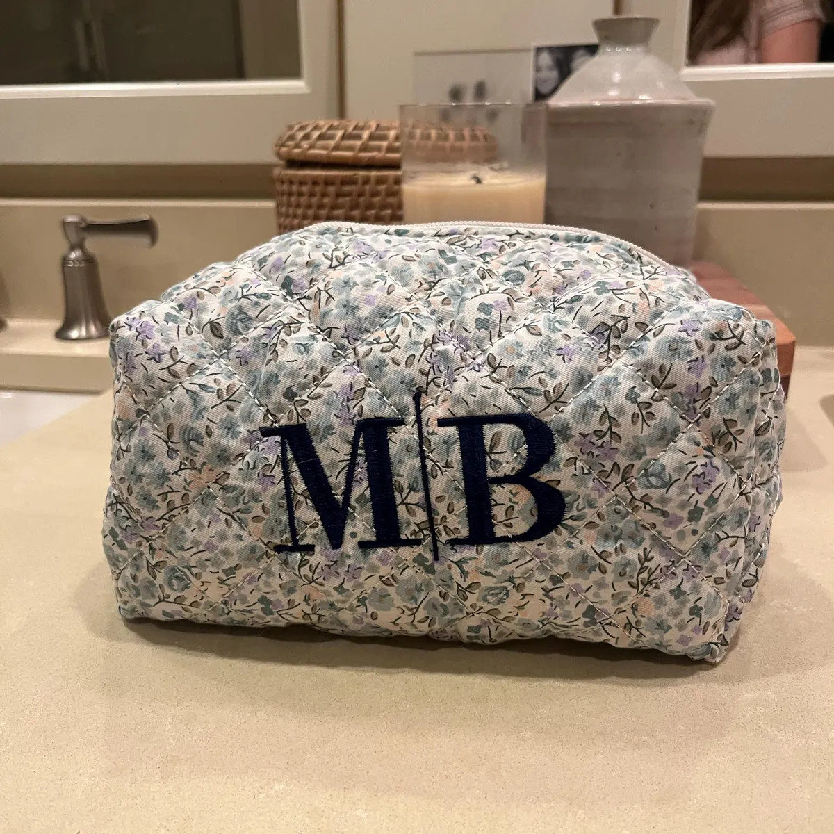 Custom Floral Makeup Bag, Embroidered Quilted Cotton Cosmetic Bag, Personalized Gift, Toiletry Ba... | Etsy (US)