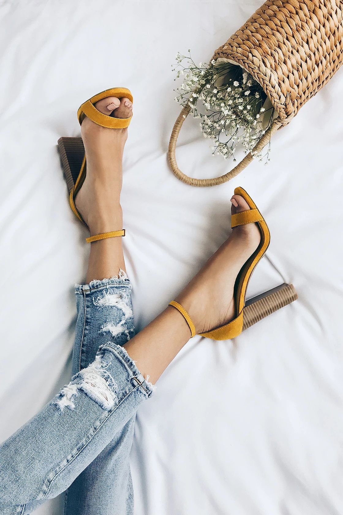 Taylor Mustard Yellow Suede Stacked Ankle Strap Heels | Lulus (US)