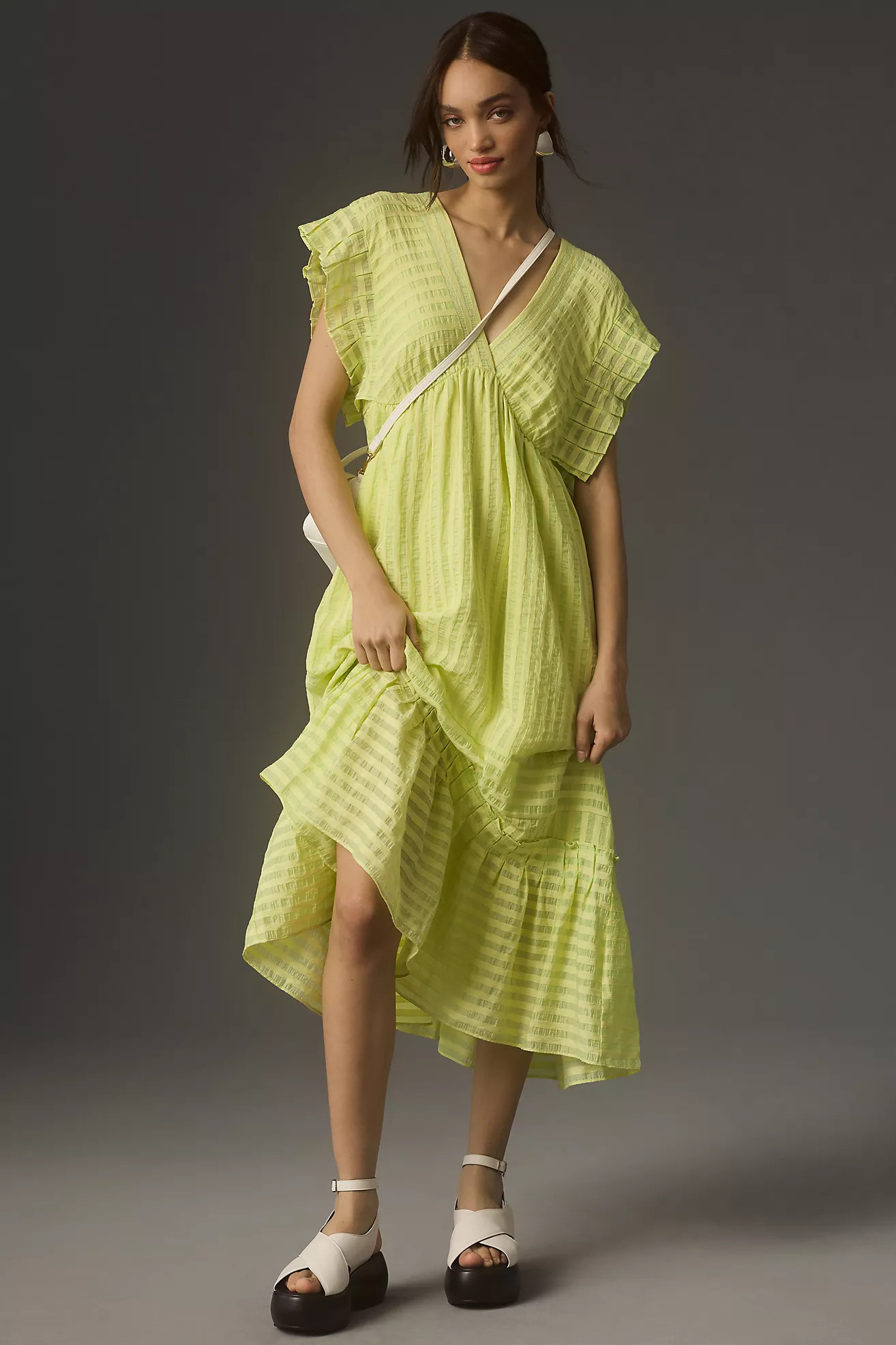 By Anthropologie Flutter-Sleeve V-Neck Midi Dress | Anthropologie (US)