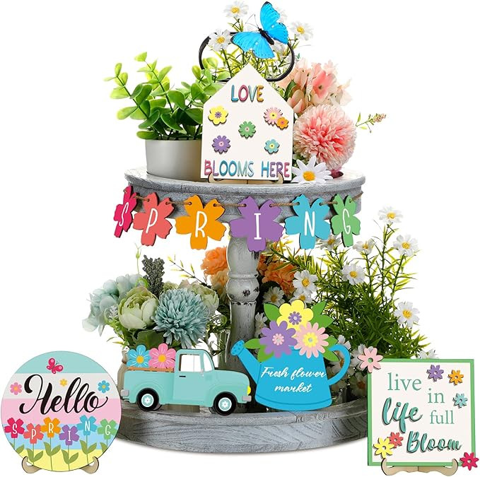 Chunful Hello Spring Flower Tiered Tray Decor Set Spring Daisy Flower Table Wooden Sign Market Ta... | Amazon (US)