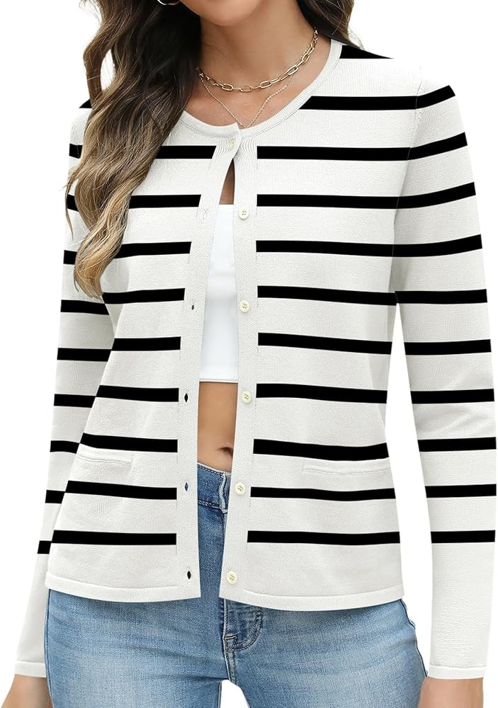 Rapbin Women's Lightweight Button Down Cardigan Sweater with Pockets Long Sleeve Crew Neck Open F... | Amazon (US)