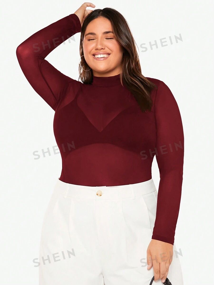 SHEIN BAE Plus Mock Neck Mesh Top Without Bra | SHEIN