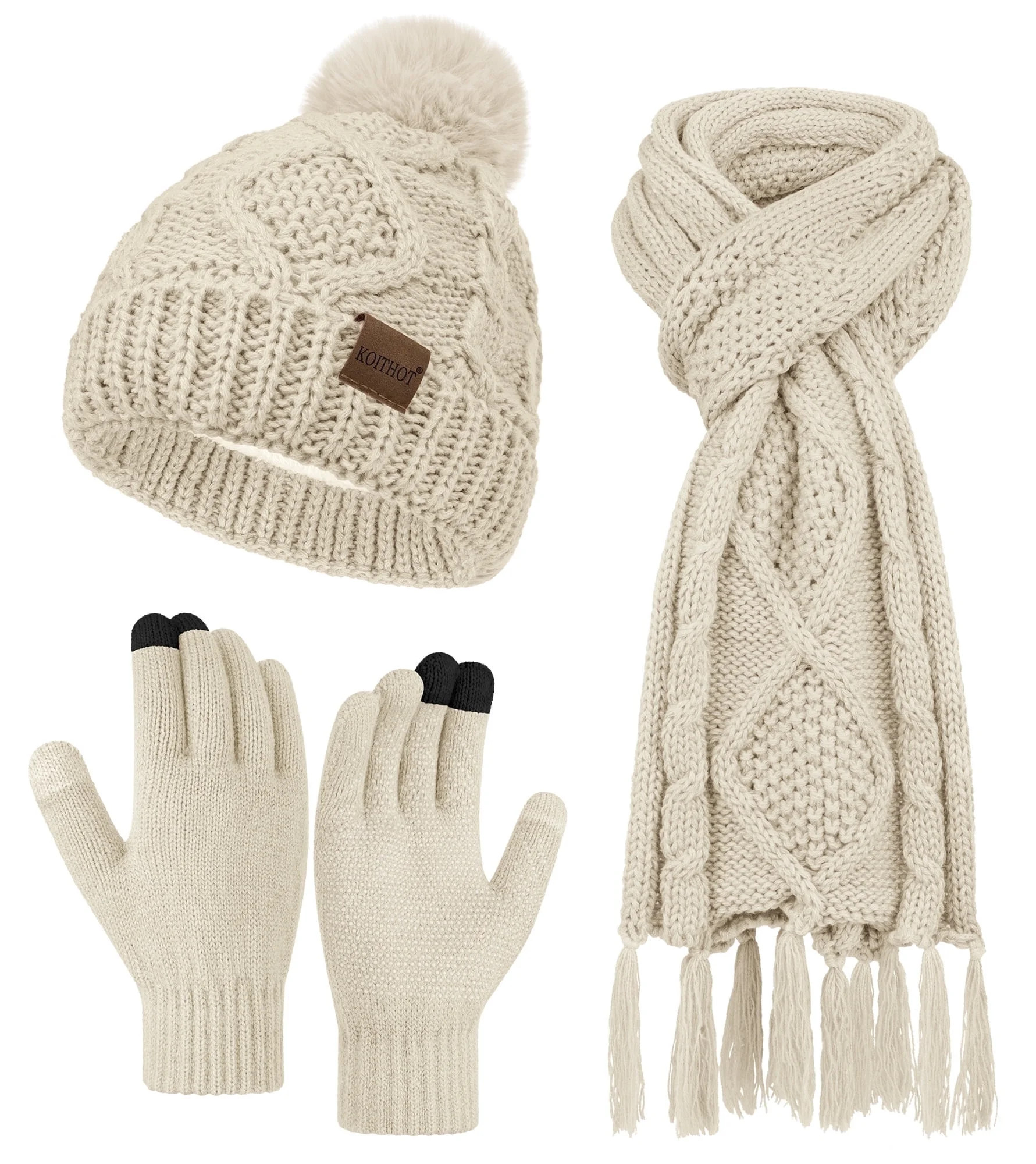 KOITHOT Women's Winter Scarf and Gloves Set, 3 Pieces, Thick Soft Touchscreen, Beige | Walmart (US)