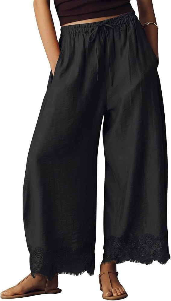 EXLURA Women Cotton Lace Trim Wide Leg Pants Summer Casual Cropped Drawstring Elastic Waist Light... | Amazon (US)