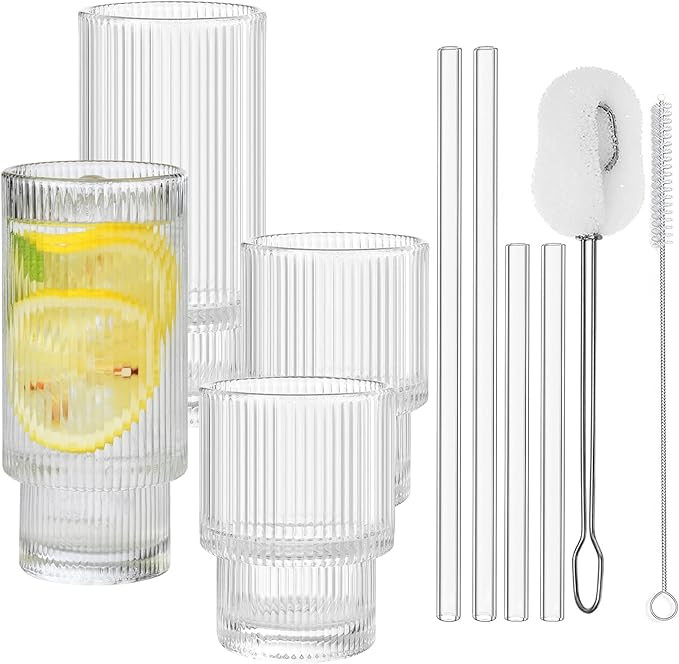 ALINK Ribbed Drinking Glasses with Glass Straws 4pcs Set, Stackable Vintage Ripple Glass Cups, Ri... | Amazon (US)