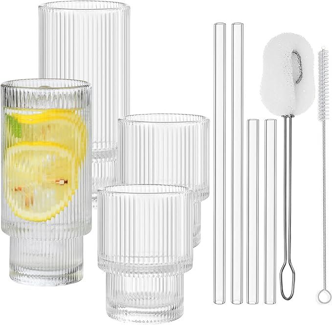 ALINK Ribbed Drinking Glasses with Glass Straws 4pcs Set, Stackable Vintage Ripple Glass Cups, Ri... | Amazon (US)