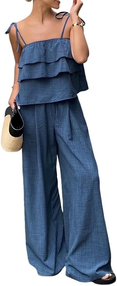 Women's Plain 2 Piece Outfits Ruffle Tiered Knot Strap Ruffle Trim Crop Top And High Waist Wide L... | Amazon (US)