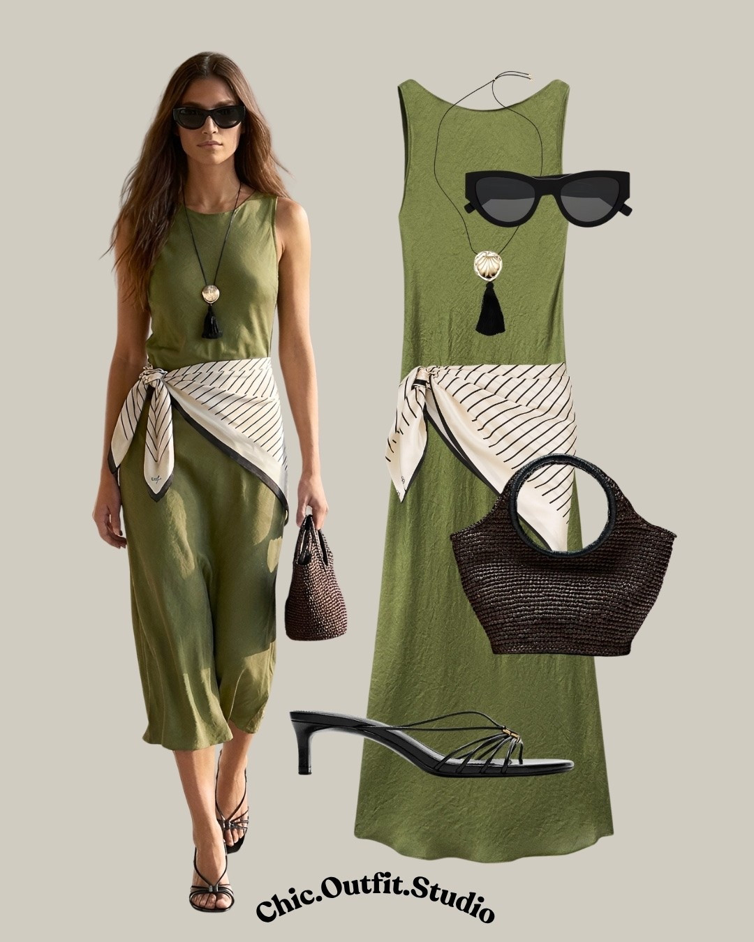 Olive Green Midi Dress with Silk Scarf

✨This olive green sleeveless midi dress is the definition of effortless summer elegance. Crafted from a lightweight, fluid fabric, it drapes beautifully while keeping you cool on warm days. The striped silk scarf tied at the waist adds a sophisticated European touch, while woven accessories and strappy heels complete the look. Perfect for vacation dinners, winery visits, summer parties, garden events, or elevated city weekends.

✨Tags: olive green dress outfit, olive midi dress women, summer dress styling, silk scarf outfit, European summer outfit, elegant vacation dress, quiet luxury style, resort wear women, minimalist chic fashion, elevated summer look, timeless feminine style, sophisticated casual outfit, garden party outfit, winery outfit women, effortless elegant fashion

#LTKkleider #LTKsummer #LTKbag