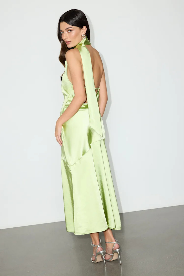 Reglan Lime Satin One-Shoulder Sash Midi Dress | Lulus