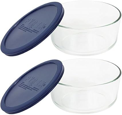 Pyrex Storage 4-Cup Round Dish with Dark Blue Plastic Cover, Clear (Pack of 2 Containers) | Amazon (US)