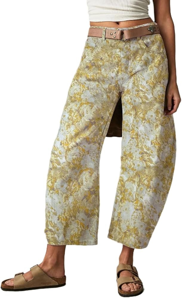 CHARTOU Womens Wide Leg Cropped Jeans Pants Baggy High Rise Denim Pants Y2k Floral Barrel Jeans | Amazon (US)