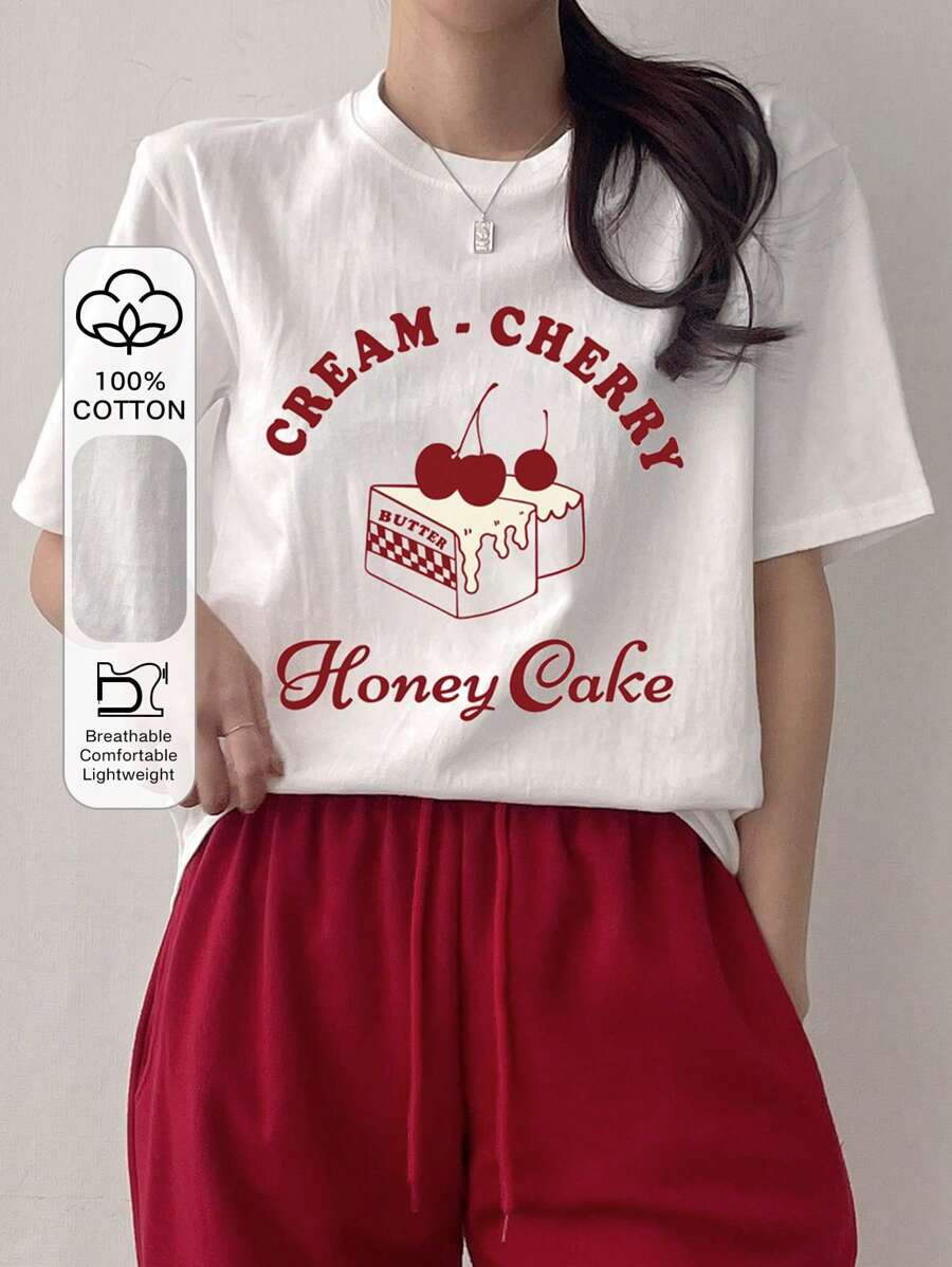 DAZY Women Summer Letter Cherry Printed Round Neck Short Sleeve Casual T-Shirt CREAMCHERRY Honey ... | SHEIN