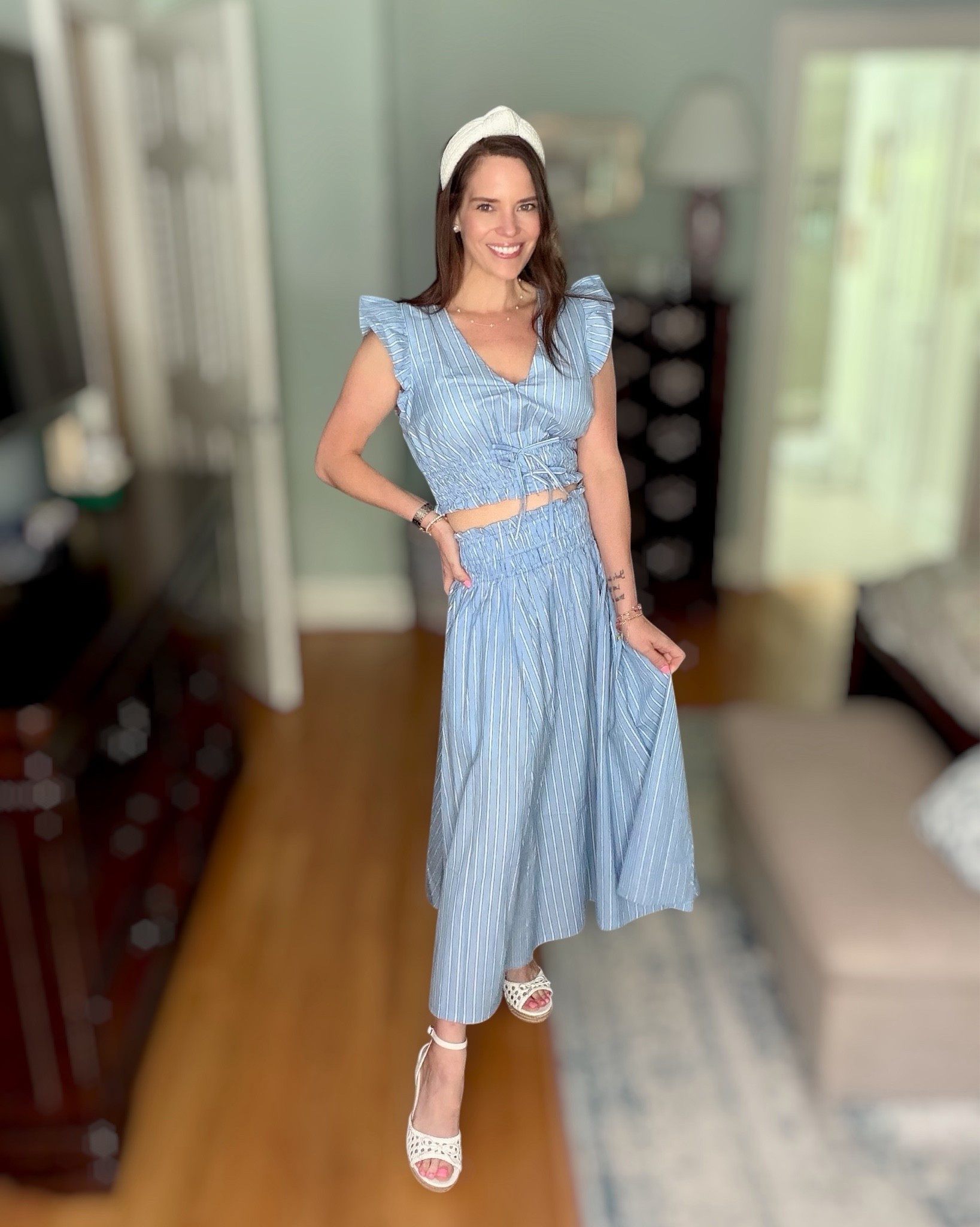 Blue Striped Set 💙✨ Easy Summer Outfit Under $40

This matching set is the definition of effortless and cute 💙✨ The flutter sleeve top + smocked midi skirt combo is so flattering, lightweight, and perfect for warm weather!

I love how you can wear these pieces together for a coordinated look or mix and match with other staples in your closet 🙌 The elastic waist makes the skirt super comfy, and the top has the prettiest feminine details.

Paired with neutral espadrille wedges to dress it up a bit and keep it feeling polished but still easy 🤍

Sizing: wearing my usual size in both pieces—true to size with a relaxed, comfy fit!

matching set outfit, blue striped set, Old Navy outfit, affordable summer outfit, midi skirt outfit, feminine summer style, casual dressy outfit, vacation outfit idea, preppy summer look 💙

#LTKOver40 #LTKSeasonal #LTKootd