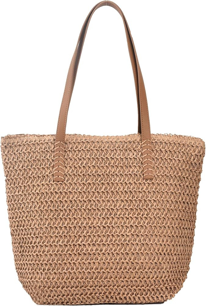 Large Straw Beach Bag for Womens, Straw Handbag Woven Tote Bag With Zipper Summer Straw Shoulder ... | Amazon (US)