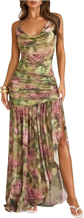 Floerns Women's Floral Cowl Neck Halter Dress Sleeveless Split Ruffle Vacation Maxi Dresses | Amazon (US)