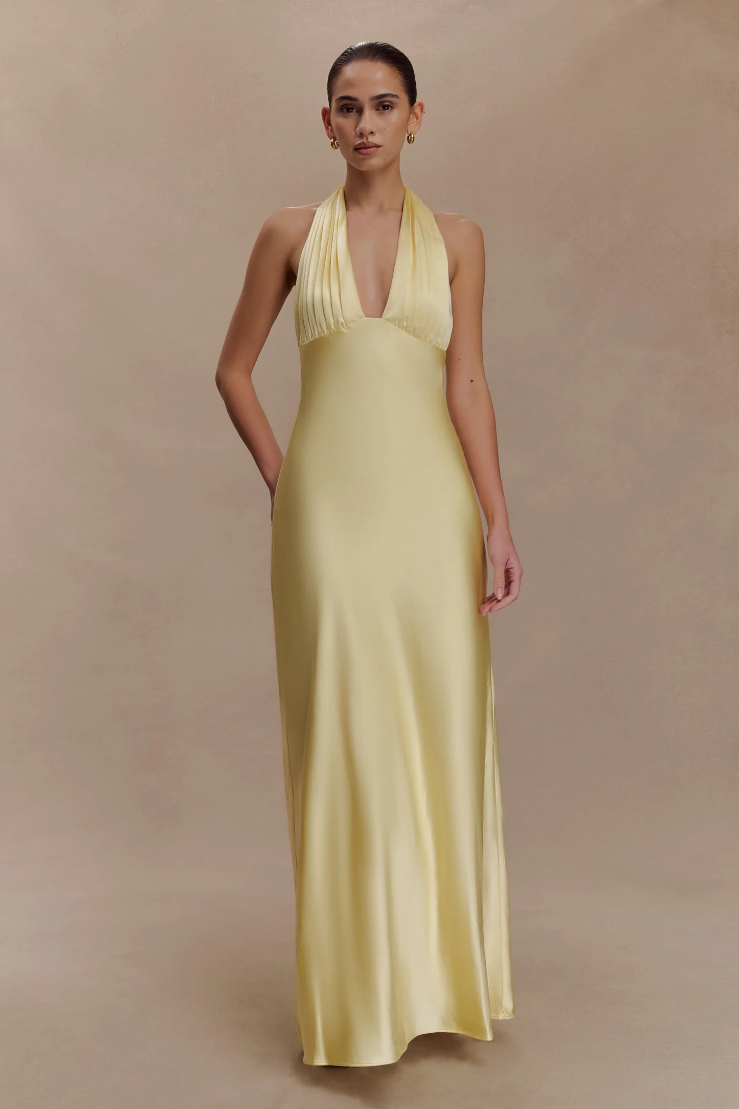 Alice Satin Halter Maxi Dress - Lemon | Meshki UK