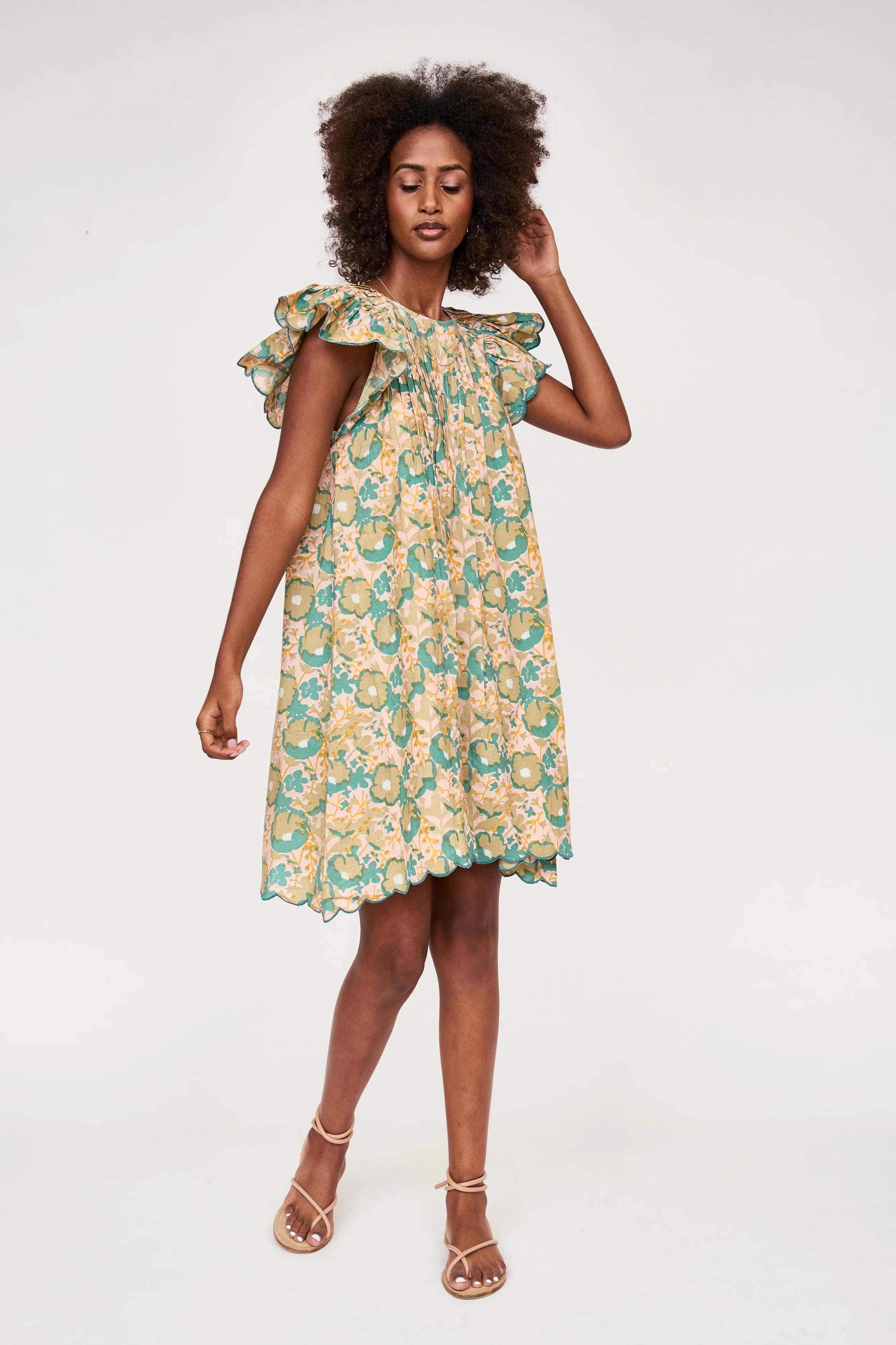vienna pintucked short dress in olive bloom - MIRTH | MIRTH