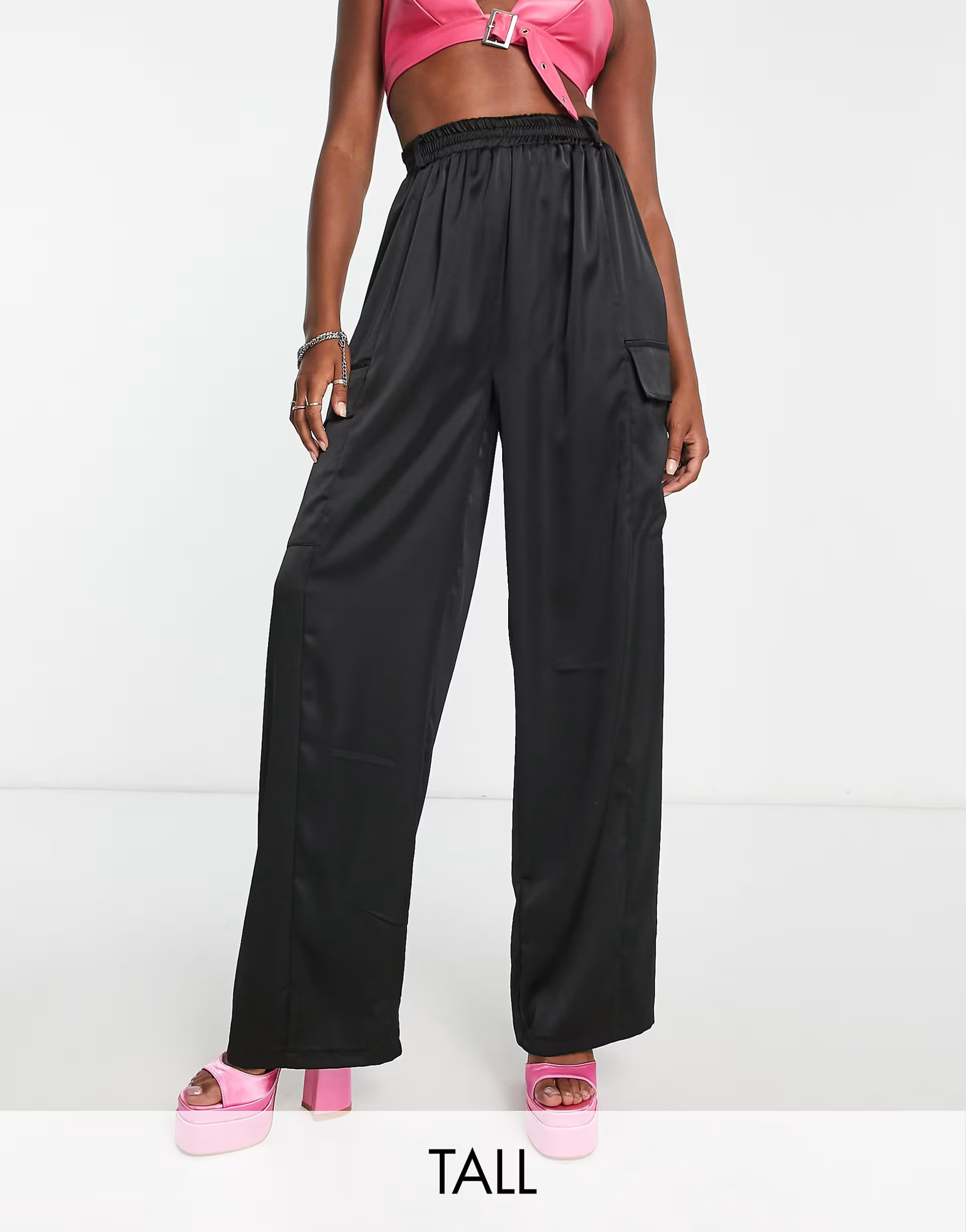 Flounce London Tall satin wide leg cargo trousers in black  | ASOS | ASOS (Global)