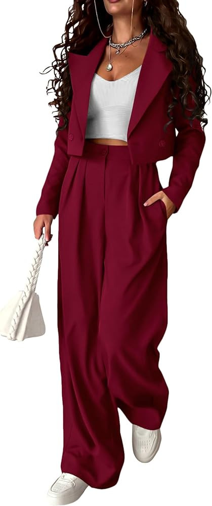 KIRUNDO Women's Two Piece Outfits Business Casual Cropped Blazer Jackets and Wide Leg Pants Suit ... | Amazon (US)