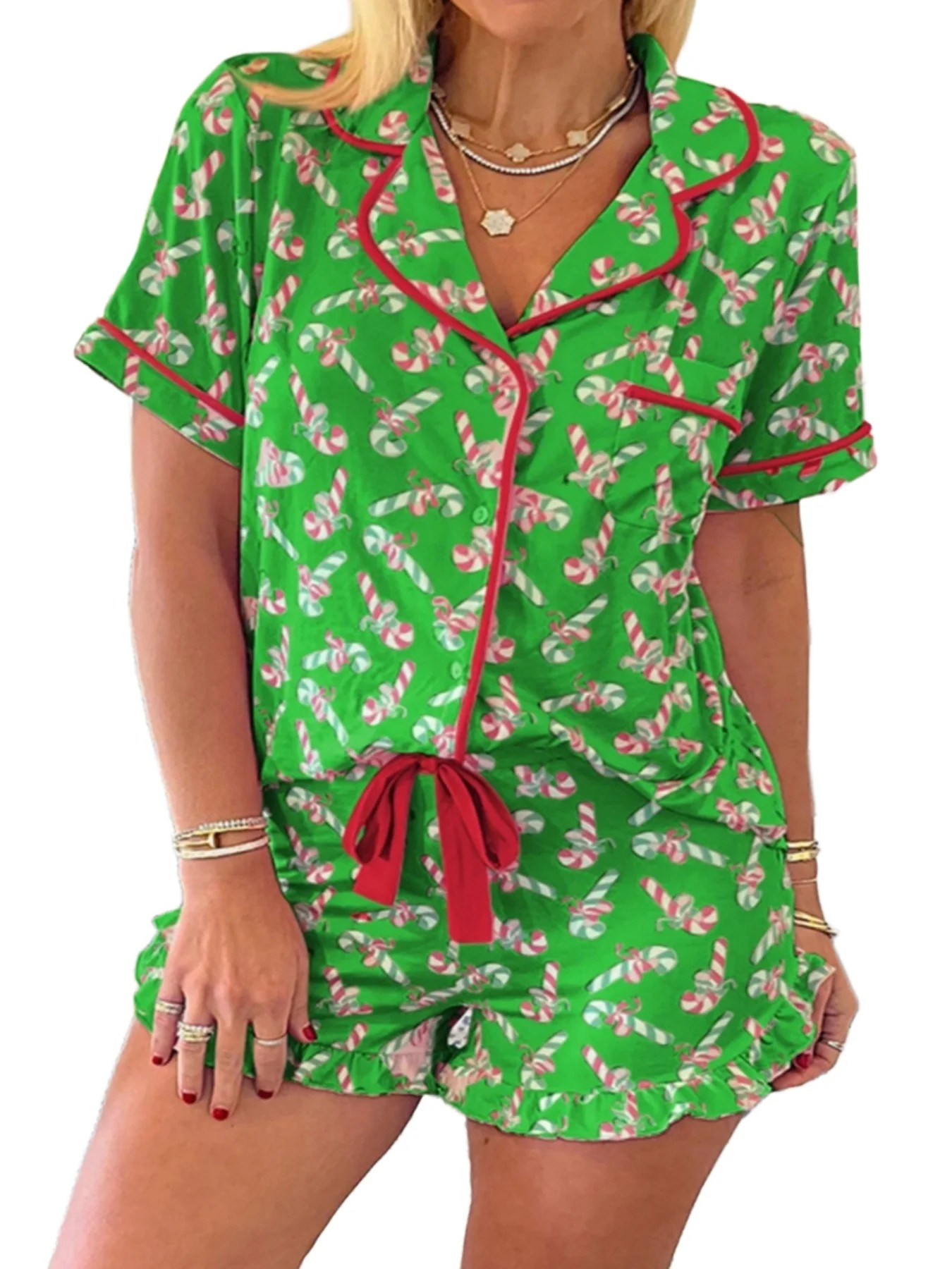 WIBACKER Womens Christmas Lounge Sets Candy Cane Print Pocketed Knotted PJ Set Short Sleeve Xmas ... | Walmart (US)