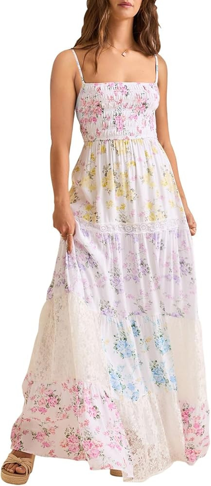 Women Bohemian Graphic Maxi Dress Spaghetti Strap Flowy Cami Dress Floral Tiered Sundress Y2K Sum... | Amazon (US)