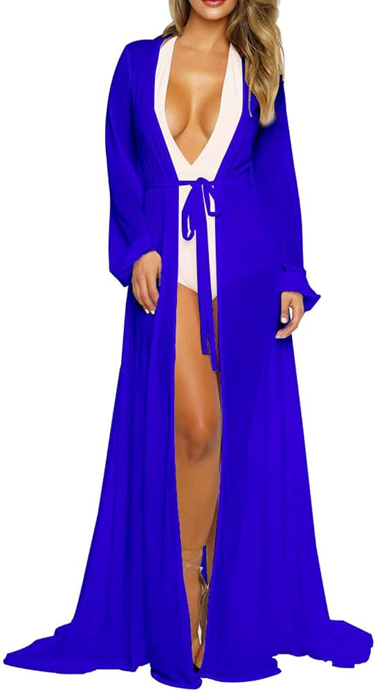 Pink Queen Women's Long Sleeve Flowy Maxi Swimsuit Tie Front Robe Cover Up | Amazon (US)