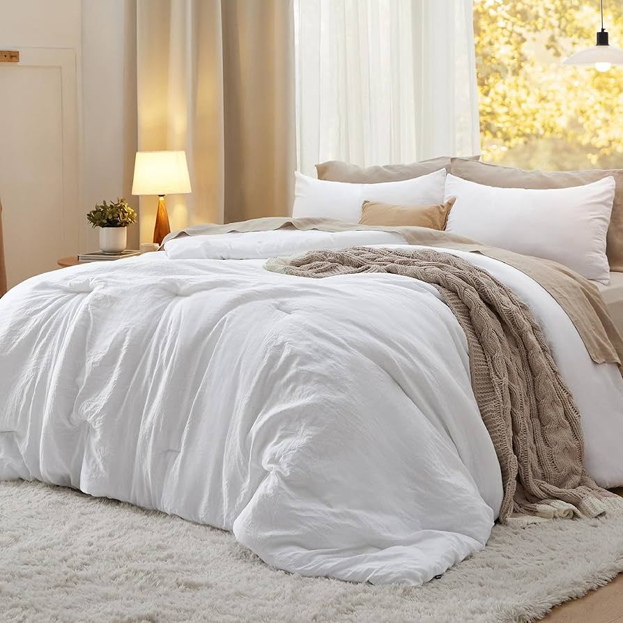 Bedsure Queen Size Comforter Sets, White Soft Prewashed Bed Comforter for All Seasons, 3 Pieces W... | Amazon (US)