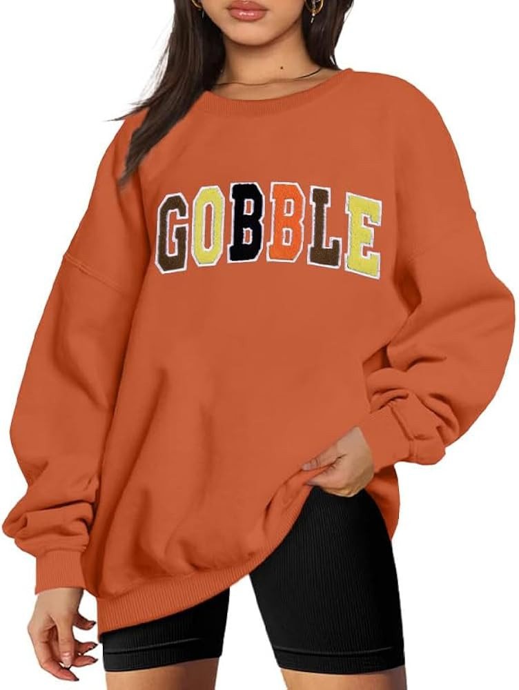 VILOVE Thanksgiving Sweatshirt Womens Glitter Patch Gobble Shirt Colorful Letter Print Long Sleev... | Amazon (US)