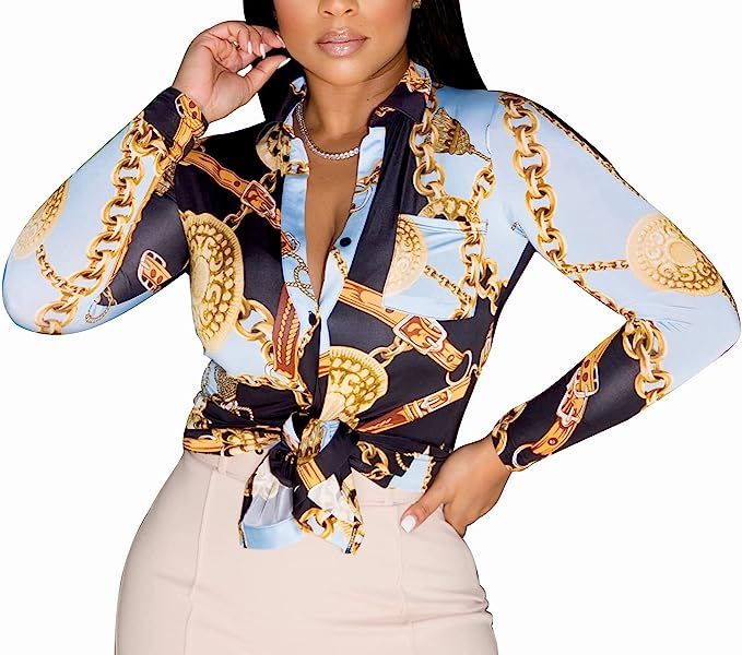 Blouses & Button-Down Shirts Long Sleeves Colorful Dressy Tops Floral Print Casual Loose Collar S... | Amazon (US)