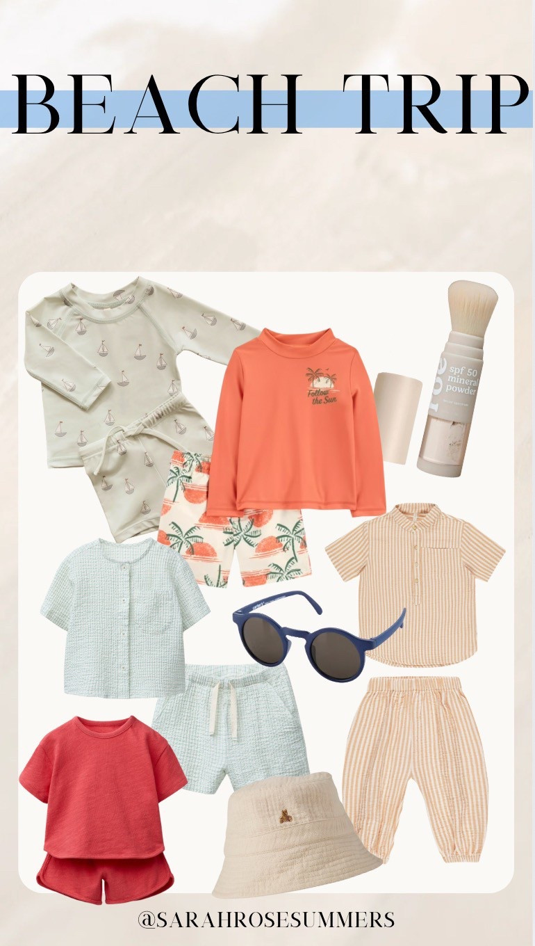 Beach trip for baby boy and baby girl outfits. Baby swimsuits. Baby matching sets for vacation. Baby hat and baby sunglasses. Baby SPF50 powder brush. 

#LTKSwim #LTKBaby #LTKKids