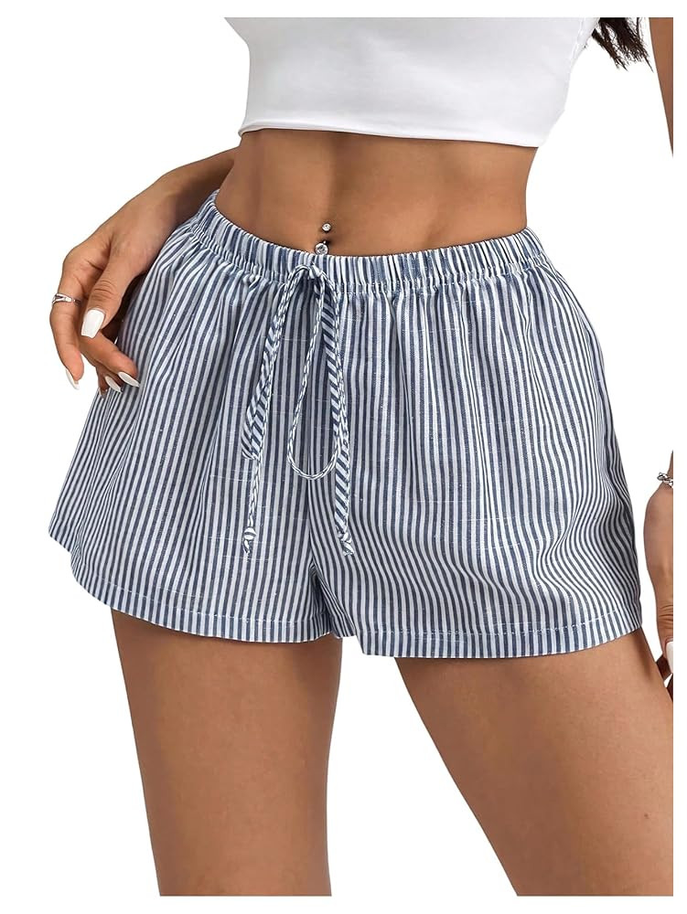 Women's Striped Print Drawstring Elastic Waist Shorts Casual Wide Leg Low Rise Summer Boxer Short... | Amazon (US)