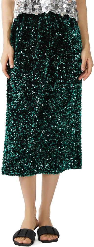 Women’s Sequin Velvet Skirt Elastic High Waist Sparkle Split Hem Night Out Party Maxi Skirt | Amazon (US)