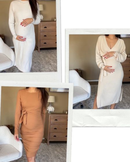 Bump- friendly non maternity dresses (that work without a bump as well)! All from Amazon and budget-friendly

Sweater dress on top left runs large, I’m wearing an XXS in it (I’m usually a XS or S)

V neck I’m wearing a S and brown dress I’m wearing a S. They all have great stretch!

#LTKbump #LTKunder50 #LTKSeasonal
