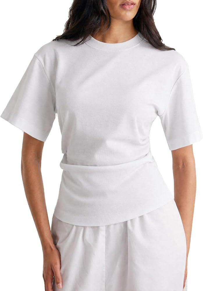 Women Pleated Waist Tee - Cinched Waist Slimming T Shirt Flattering Business Casual Tops, Tummy H... | Amazon (US)