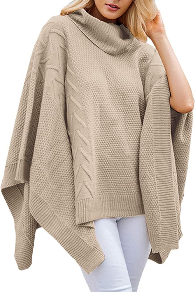BerryGo Women's Chic Turtleneck Batwing Sleeve Asymmetric Knitted Poncho Pullovers Sweater | Amazon (US)