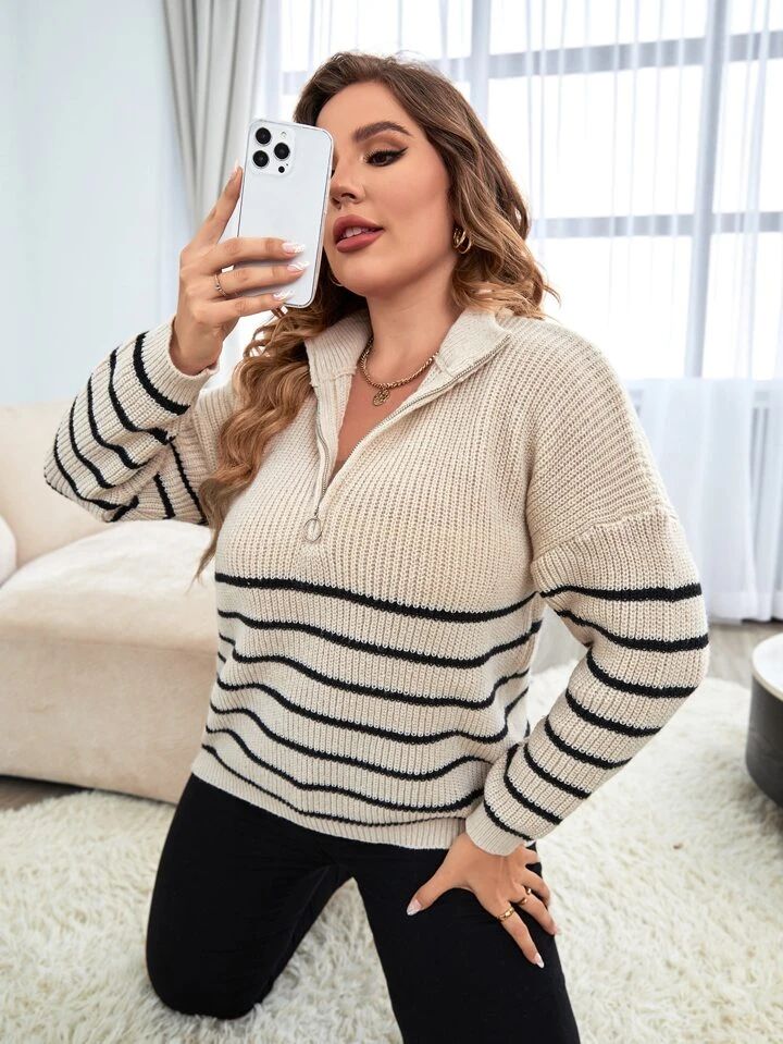 SHEIN Frenchy Plus Striped Pattern Half Zip Drop Shoulder Sweater | SHEIN
